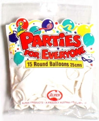 BALLOONS ALPEN 25CM WHITE 15'S   G60124
