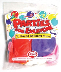 BALLOONS ALPEN 25CM ASST COLS 15'S   G60128