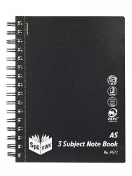 NOTEBOOK SPIRAX P572 PP 3 SUBJECT A5 S/O 300PG BLACK   G71123