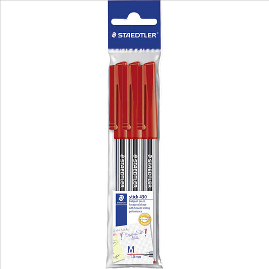 PEN STAEDTLER BP STICK 430 MED POLYBAG 3 RED   G71625