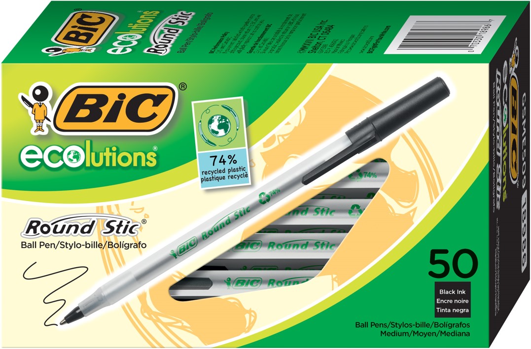 PEN BIC BP ECOLUTIONS ROUND STIC 1.0MM MEDIUM POINT BLACK  BX50   G74977