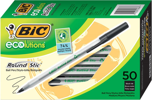 PEN BIC BP ECOLUTIONS ROUND STIC 1.0MM MEDIUM POINT BLACK  BX50   G74977