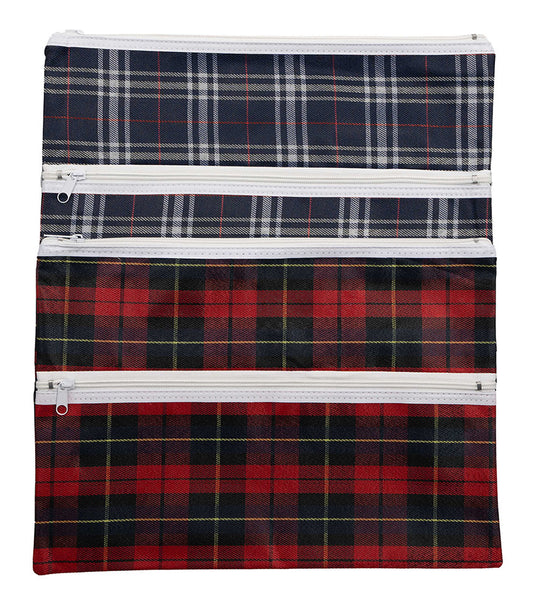 PENCIL CASE GNS 38X27CM 2 ZIP TARTAN ASSORTED   G82448