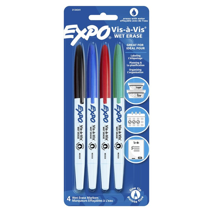 MARKER WHITEBOARD EXPO VIS A VIS WET ERASE F/POINT PK4 ASSORTED BLISTER   G83784