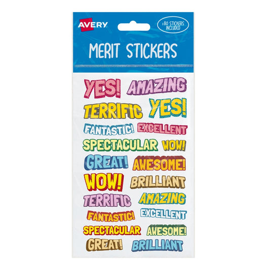 MERIT STICKERS AVERY ASST SHAPES COMIC PK80   G84084