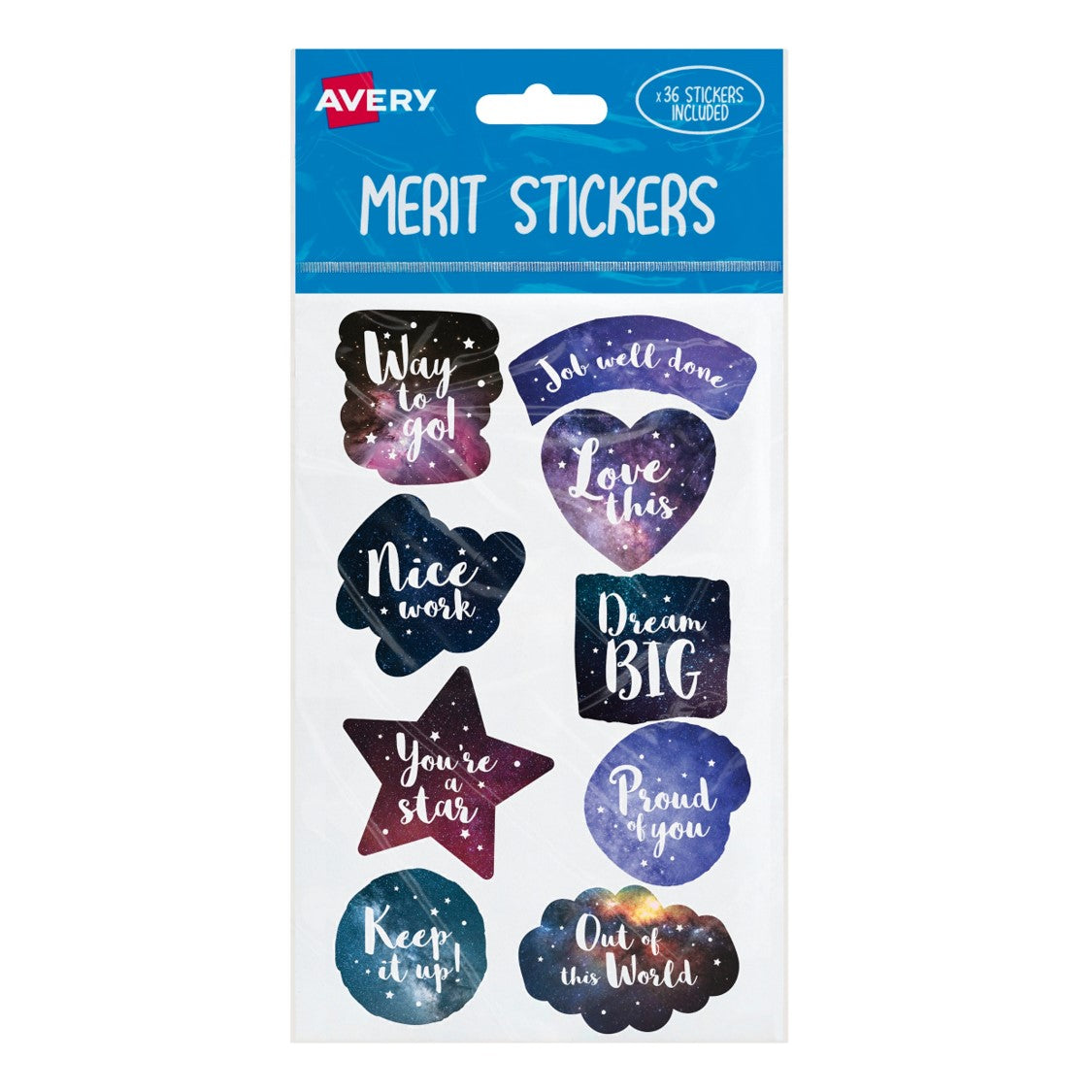 MERIT STICKERS AVERY ASST SHAPES COSMOS PK36   G84086