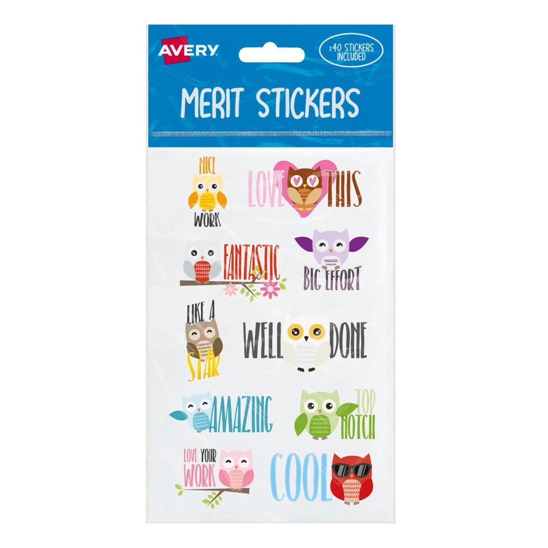 MERIT STICKERS AVERY ASST SHAPES OWL PK40   G84088