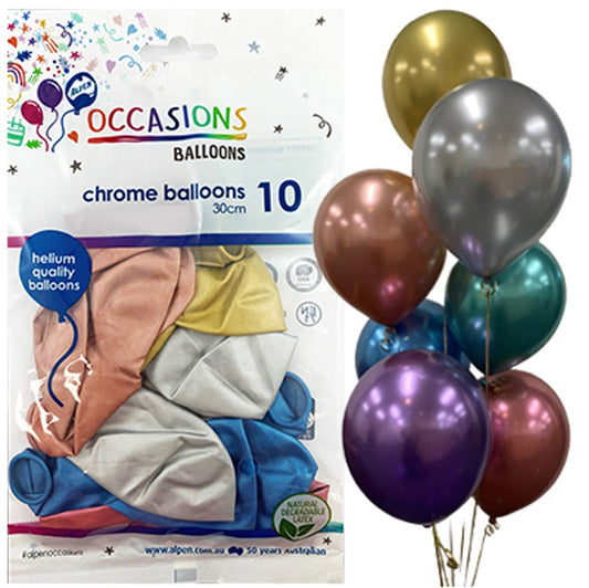 BALLOONS ALPEN 30CM CHROME ASSORTED PK10   G85268