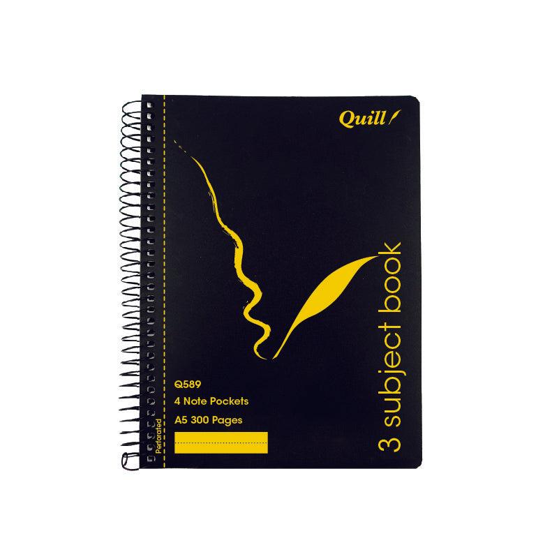 NOTEBOOK QUILL A5 3 SUBJECT RULED S/O BLACK 300PG   G85295