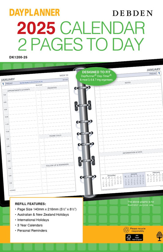 REFILL 2025 DEBDEN DAYPLANNER 140X216MM DK1200 DESK 7 RING 2PTD   G86569.25