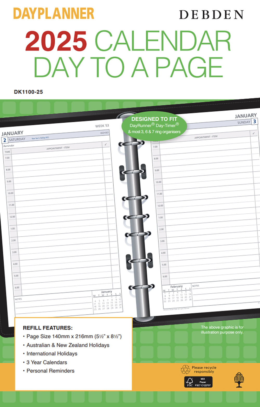 REFILL 2025 DEBDEN DAYPLANNER 140X216MM DK1100 DESK 7 RING 1DTP   G86570.25