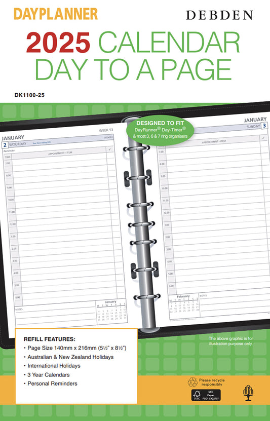 REFILL 2025 DEBDEN DAYPLANNER 140X216MM DK1100 DESK 7 RING 1DTP   G86570.25