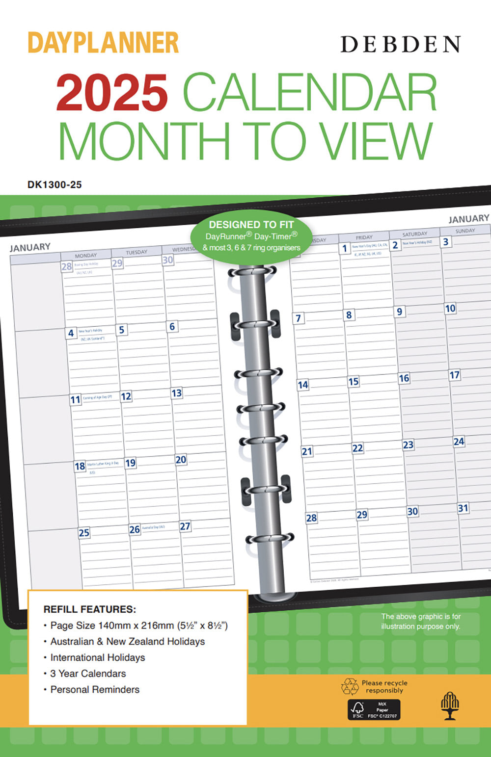 REFILL 2025 DEBDEN DAYPLANNER 140X216MM DK1300 DESK 7 RING MTV   G86571.25