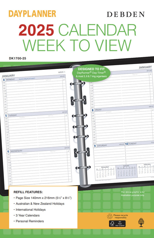 REFILL 2025 DEBDEN DAYPLANNER 140X216MM DK1700 DESK 7 RING WTV   G86573.25