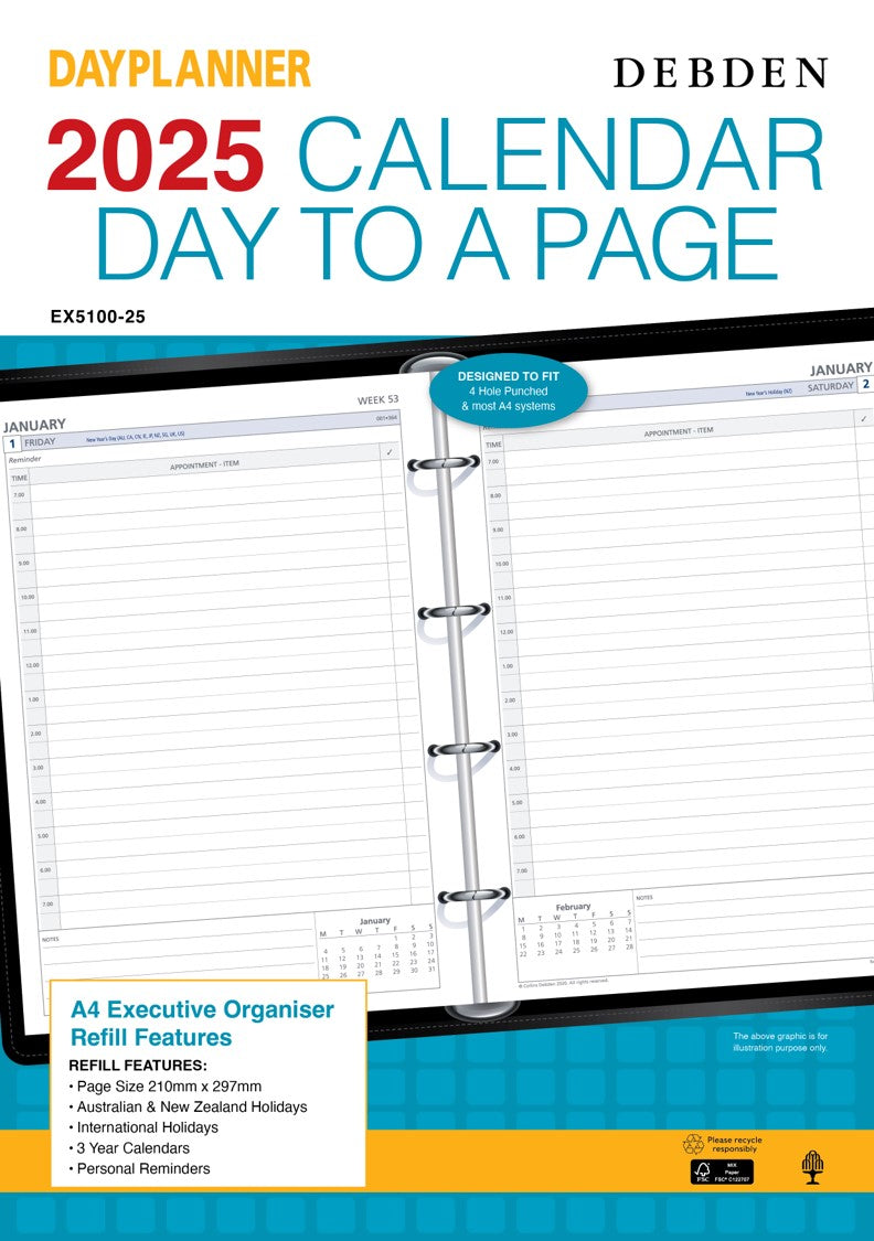 REFILL 2025 DEBDEN DAYPLANNER A4 EX5100 EXECUTIVE 4 RING 1DTP   G86574.25