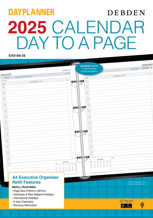 REFILL 2025 DEBDEN DAYPLANNER A4 EX5100 EXECUTIVE 4 RING 1DTP   G86574.25