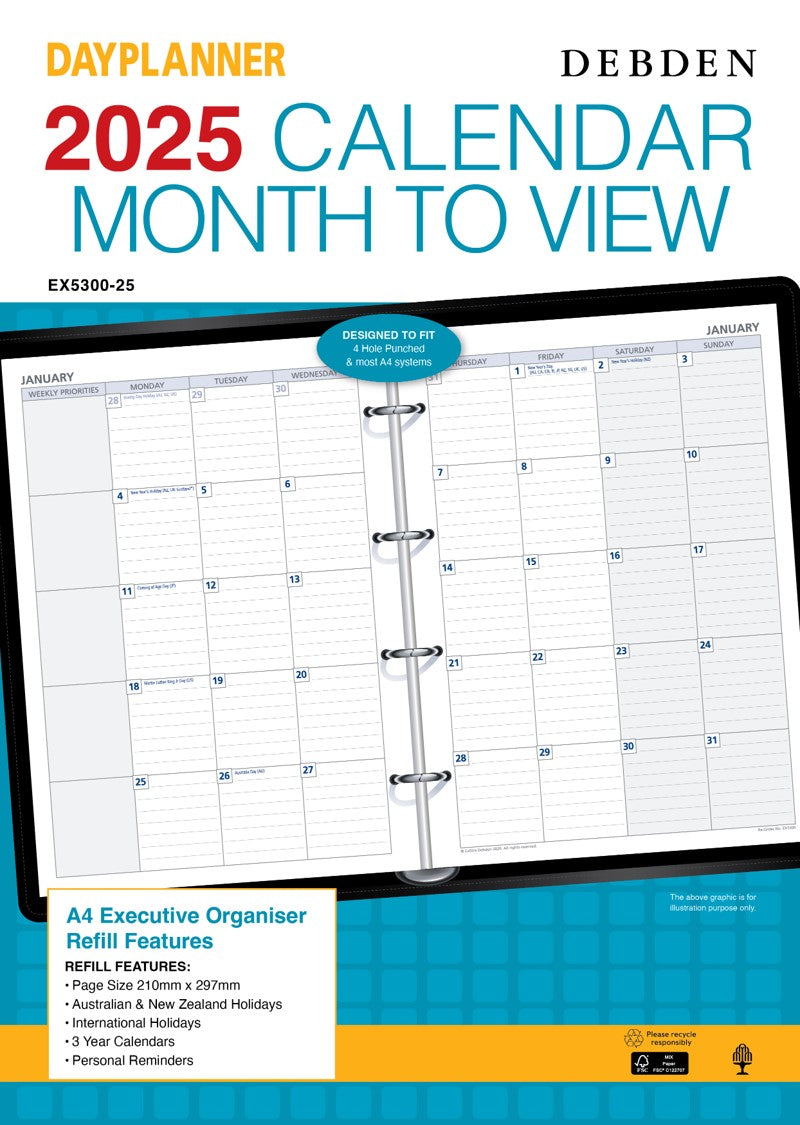 REFILL 2025 DEBDEN DAYPLANNER A4 EX5300 EXECUTIVE 4 RING MTV   G86575.25