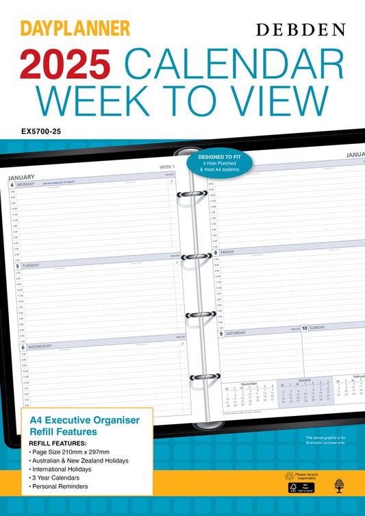 REFILL 2025 DEBDEN DAYPLANNER A4 EX5700 EXECUTIVE 4 RING WTV   G86576.25