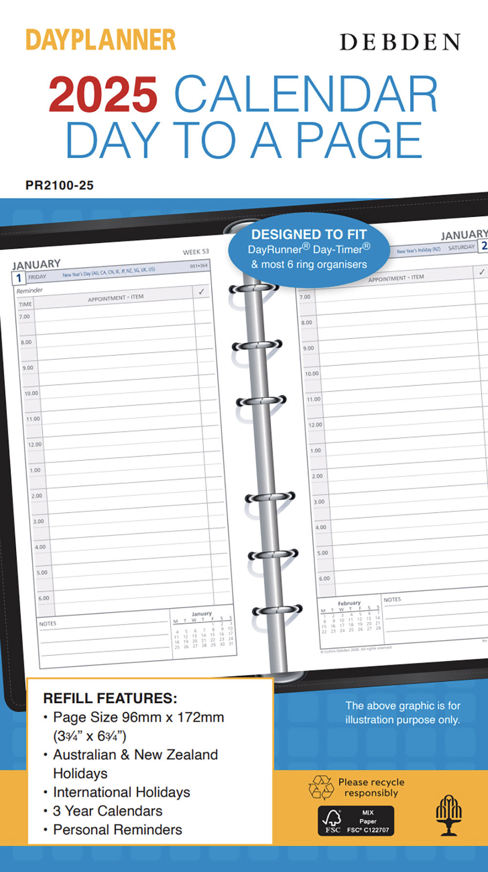 REFILL 2025 DEBDEN DAYPLANNER 96X172MM PR2100 PERSONAL 6 RING 1DTP   G86577.25