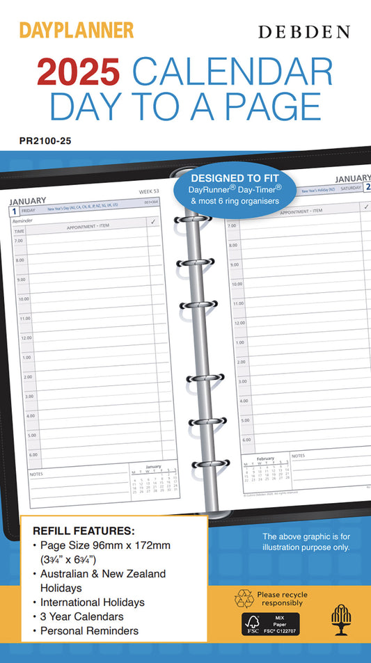 REFILL 2025 DEBDEN DAYPLANNER 96X172MM PR2100 PERSONAL 6 RING 1DTP   G86577.25