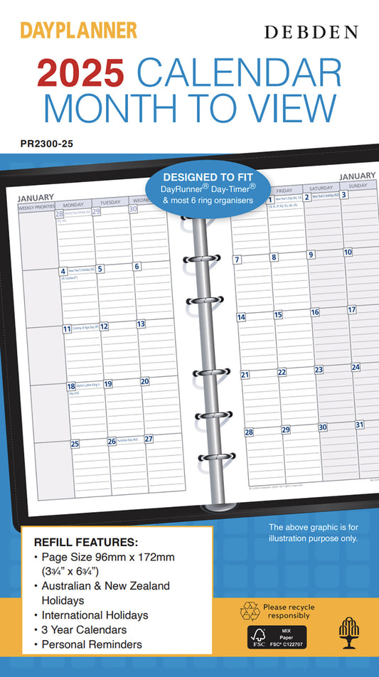 REFILL 2025 DEBDEN DAYPLANNER 96X172MM PR2300 PERSONAL 6 RING MTV   G86578.25