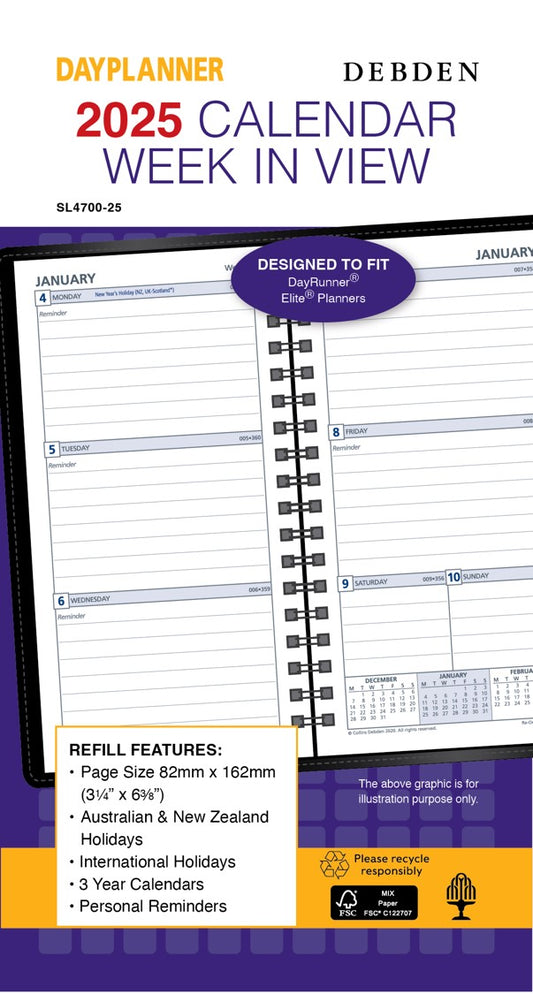 REFILL 2025 DEBDEN DAYPLANNER 82X162MM DP SLIMLINE WTV REFILL FSC70%   G86581.25