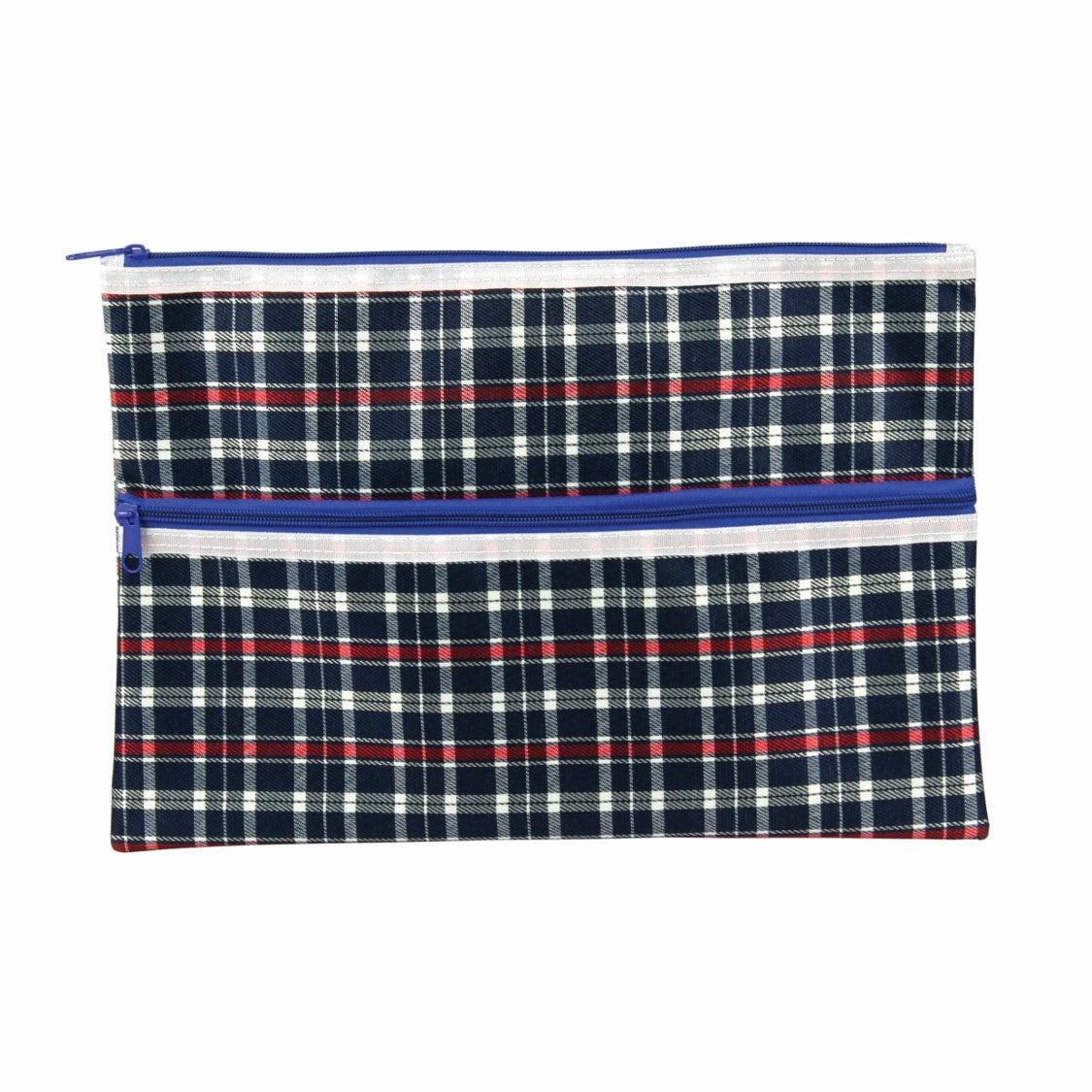 PENCIL CASE CELCO 375X264MM 2 ZIP TARTAN ASST   G87816