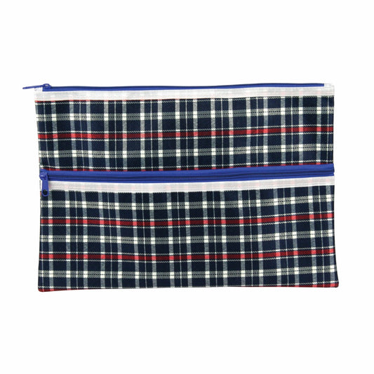 PENCIL CASE CELCO 375X264MM 2 ZIP TARTAN ASST   G87816