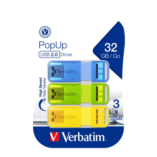 USB DRIVE VERBATIM POP UP 2.0 32GB ASSORT BRIGHTS PK3   G88297