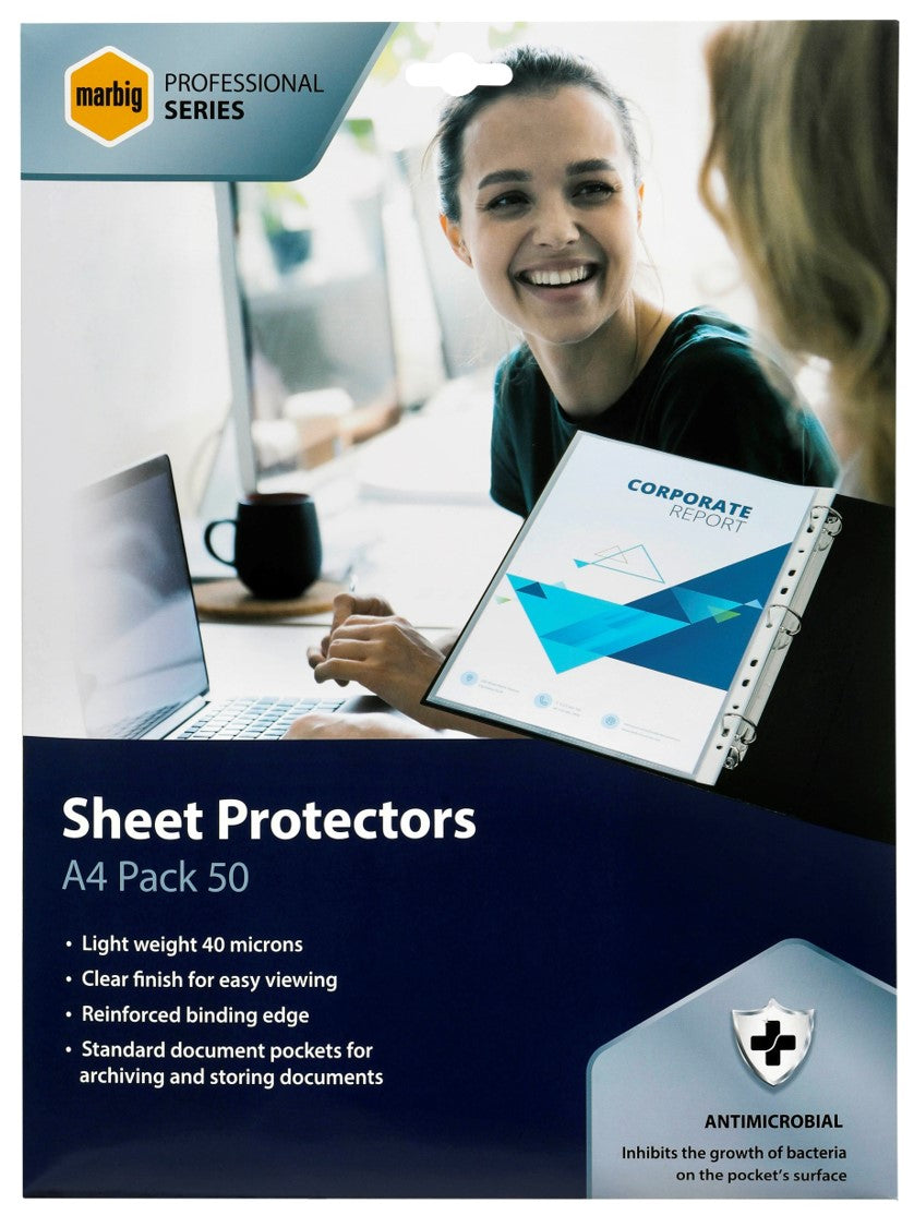 SHEET PROTECTOR MARBIG A4 PROFESSIONAL ANTIMIC PK50   G88304