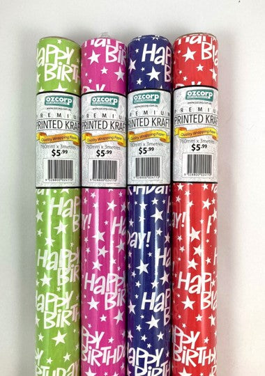 WRAPPING PAPER OZCORP 76CMX3M BIRTHDAY THEME ASSORT 4 COLOURS   G88313