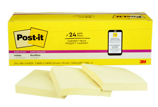 NOTES SUPER STICKY POST-IT 76X76 654-24SSCP CANARY YELLOW 24 PADS   G88343