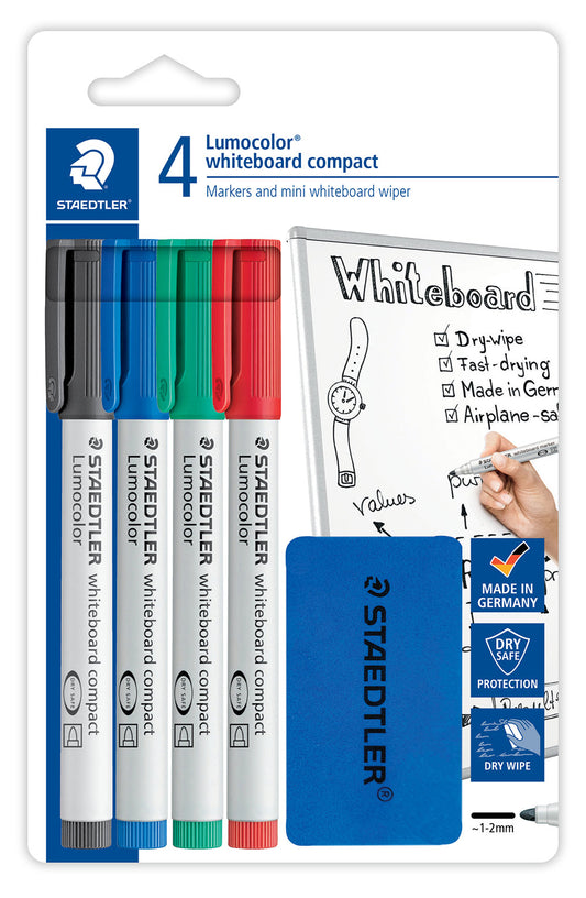 MARKER STAEDTLER LUMOCOLOR WHITEBOARD COMPACT BULLET/P PLUS ERASER ASST PK4   G93557