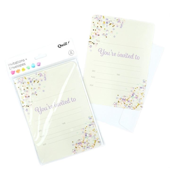 INVITATION CARDS & ENVELOPES QUILL 5 X 7 SEQUIN MULTI PK8   G93685