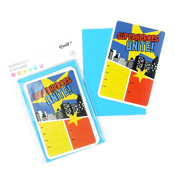 INVITATION CARDS & ENVELOPES QUILL 6 X 4 SUPERHERO PARTY MULTI PK8   G93736