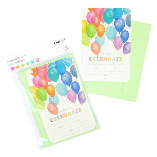 INVITATION CARDS & ENVELOPES QUILL 6 X 4 BALLOONS PARTY MULTI PK8   G93737