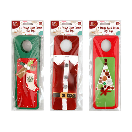 GIFT TAGS XMAS 22X7CM WINE BOTTLE 4PK 3 ASST   G94519