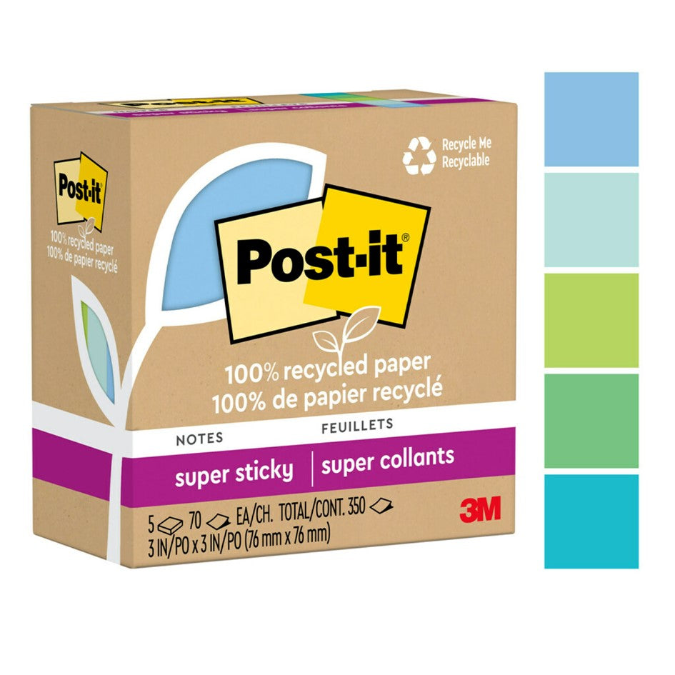 NOTES SUPER STICKY POST-IT 76X76 654R-5SST RECYCLED OASIS 5 PADS   G94797