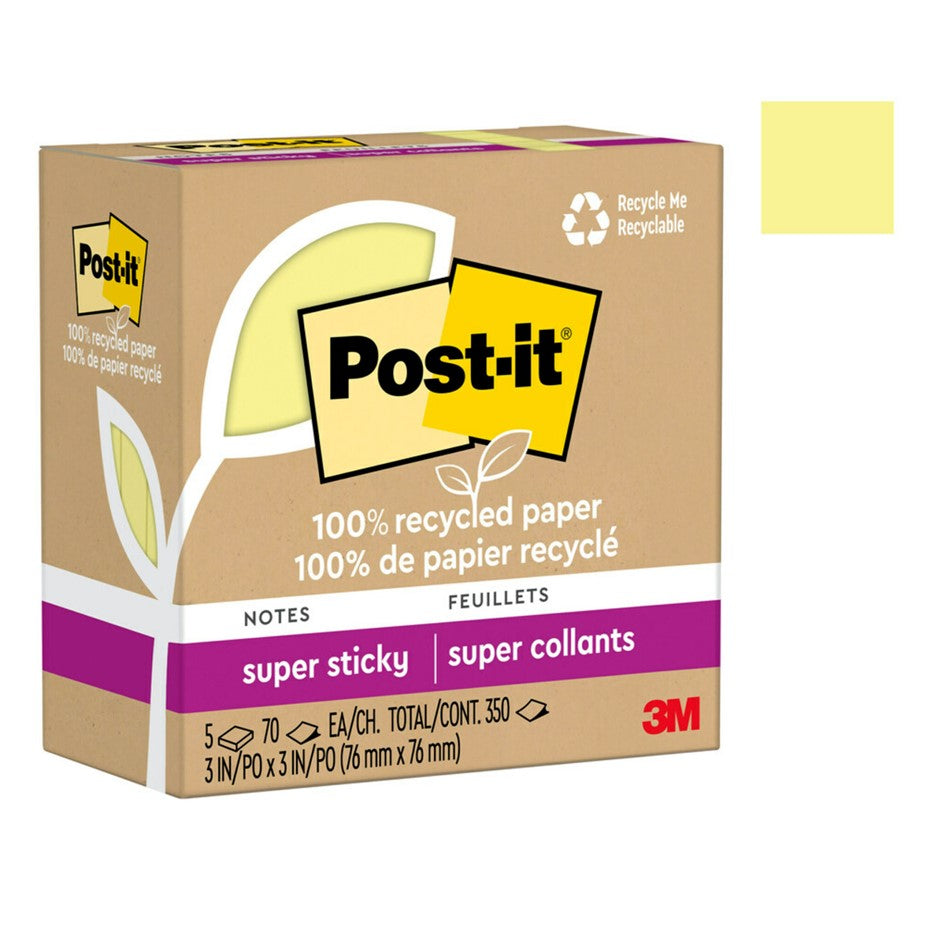 NOTES SUPER STICKY POST-IT 76X76 654R-5SSCY RECYCLED YELLOW 5 PADS   G94798