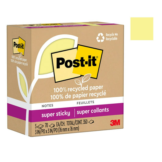 NOTES SUPER STICKY POST-IT 76X76 654R-5SSCY RECYCLED YELLOW 5 PADS   G94798