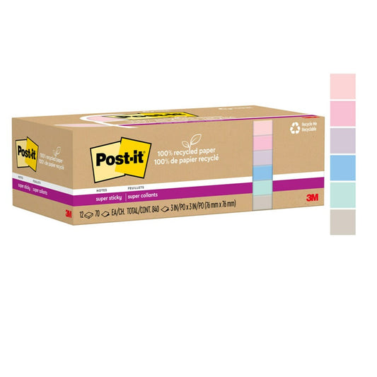 NOTES SUPER STICKY POST-IT 76X76 654R-12SSNRP RECYCLED WANDERLUST 12 PADS   G94799