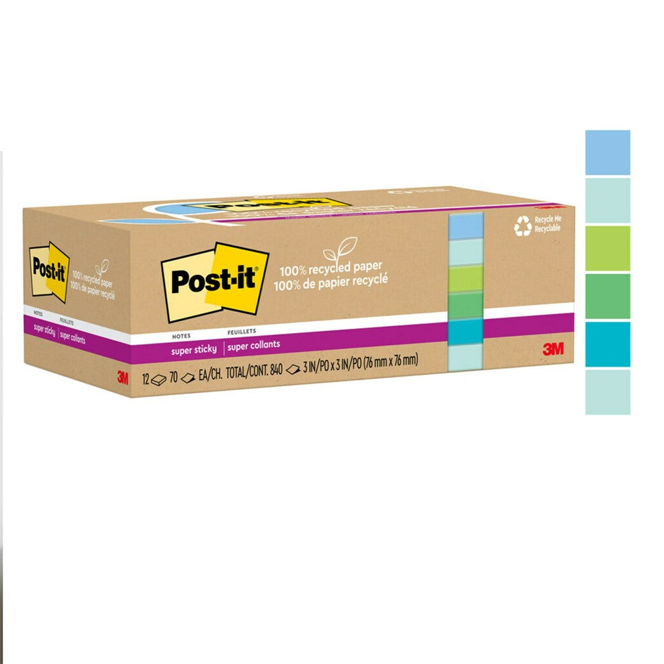 NOTES SUPER STICKY POST-IT 76X76 654R-12SST RECYCLED OASIS 12 PADS   G94800