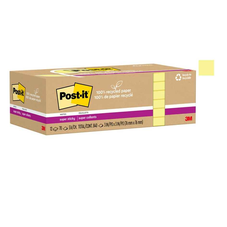 NOTES SUPER STICKY POST-IT 76X76 654R-12SSCY RECYCLED YELLOW 12 PADS   G94801