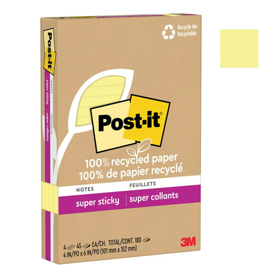 NOTES SUPER STICKY POST-IT 101X152 4621R-4SSCY RECYCLED LINED YELLOW 4 PADS   G94804